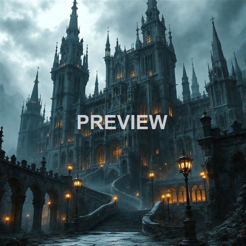 A dark, gothic-style castle with multiple spires and illuminated windows, shrouded in fog and set against a cloudy sky, with a staircase leading up to it lined by old-fashioned street lamps.
